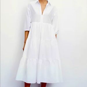 Zara  white cotton tiered midi dress. NWT